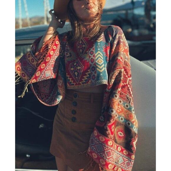 Chic hand-woven Poncho Bohemian Crop top Wrap Western Ethnic Clothing ONE SIZE - Picture 2 of 6